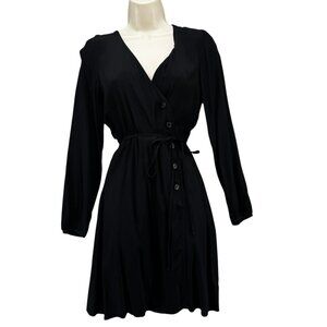 GAP Side Button Wrap Dress Solid Black Long Sleeve Belted Knee Length Size 0P